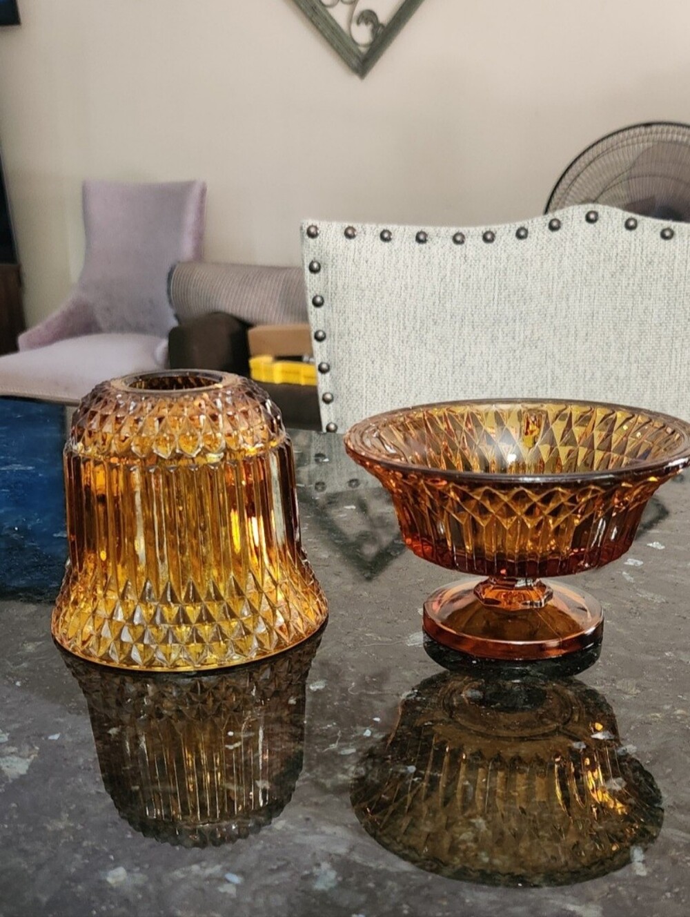 Indiana Glass Amber Diamond Point Fairy Lamp Footed Pedestal MCM - Picture 3 of 3
